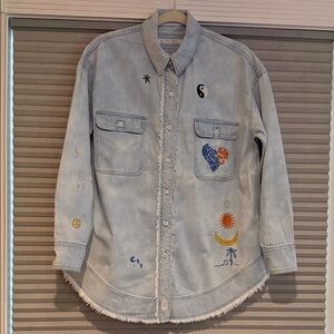 New We The Free Embroidered Denim Shirt with Peaceful Motifs - size XS